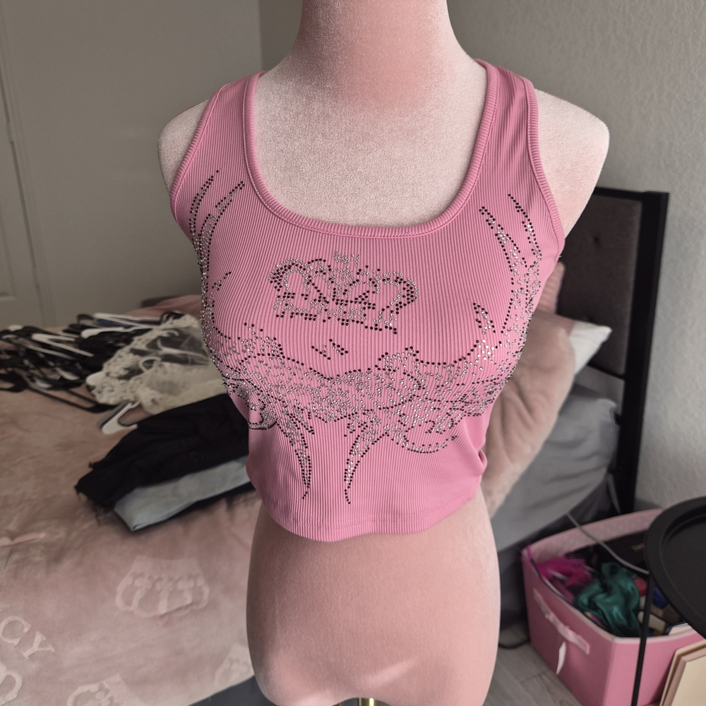 SHEIN Pink Rhinestone Embellished Tank Top